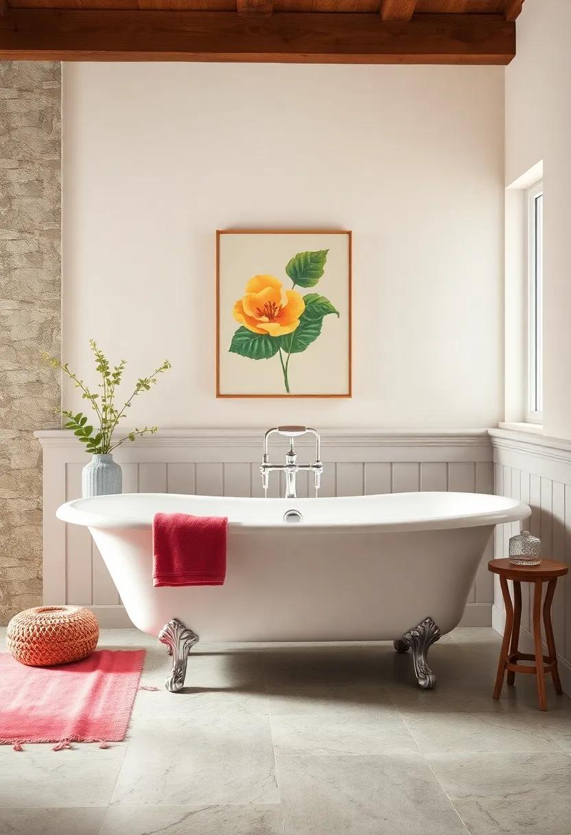 Pastel Hues in Wainscoting and Wall Art Enhancing the Vintage Elegance of a Spacious Clawfoot Bathtub