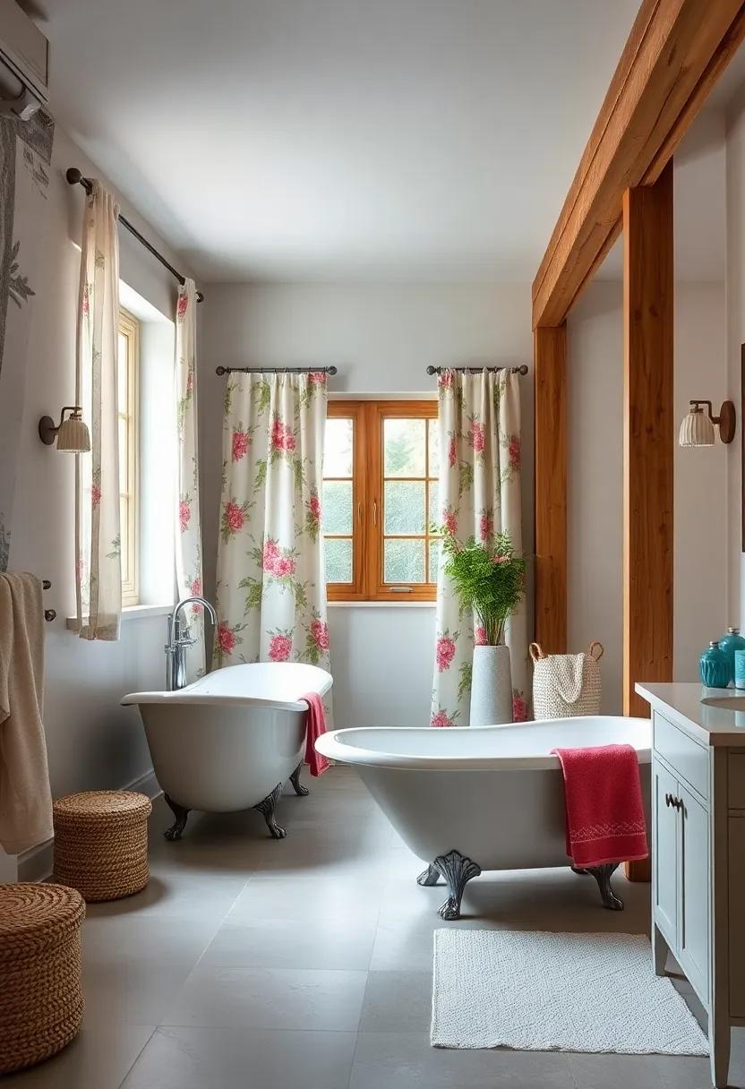 Rustic Wooden Beams and Soft Floral Curtains Complementing Elegant Clawfoot Tubs in Cottagecore Bathrooms