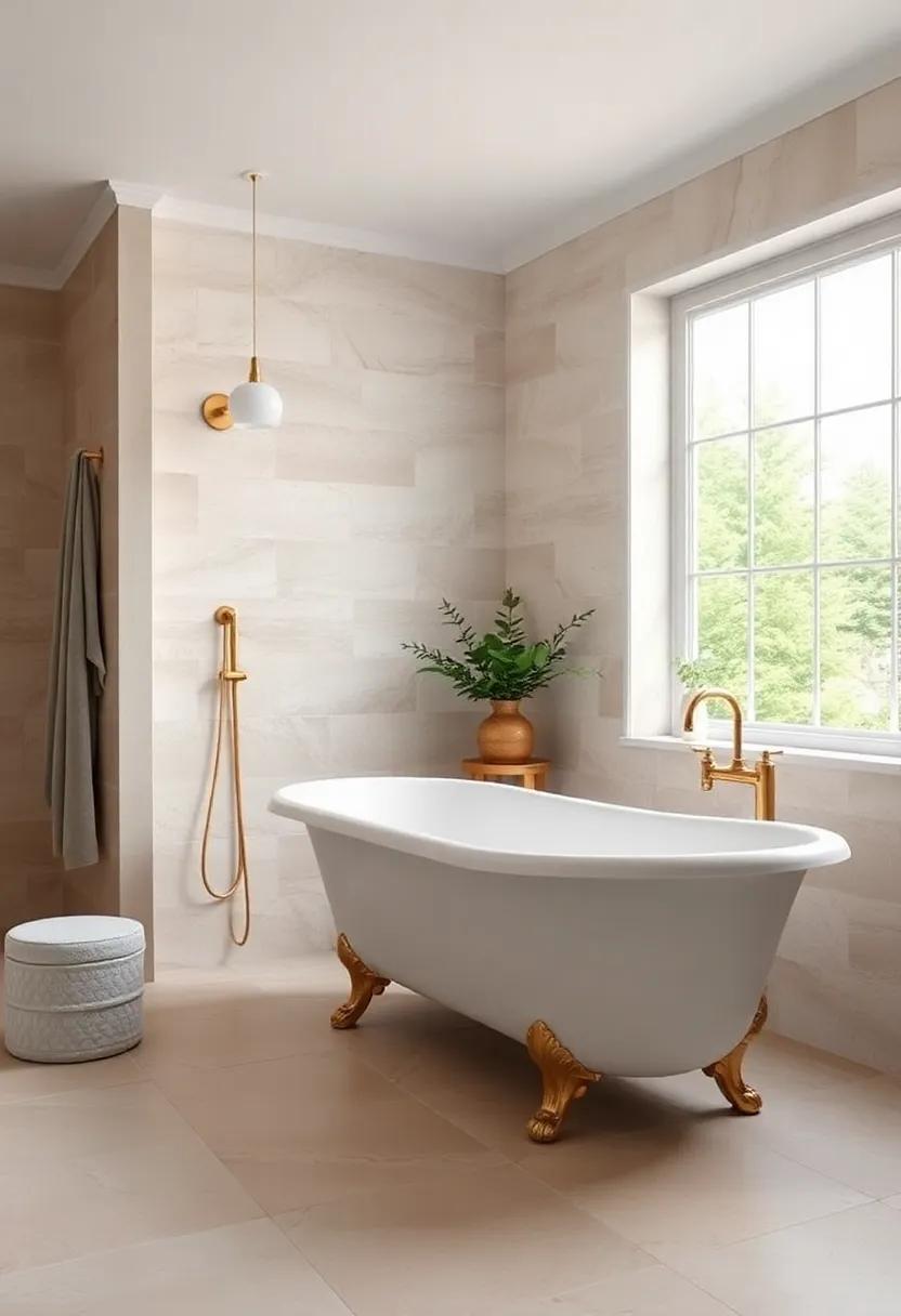 Soft Pastel Tiles Paired with Brass Fixtures Embracing the Cottagecore Aesthetic in a Light-Filled Bathroom