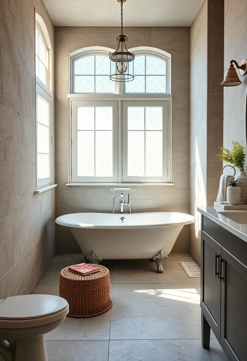 Sunlight Streaming Through Vintage Lace Windows Illuminating a Serene Bathroom with a Classic White Clawfoot Tub