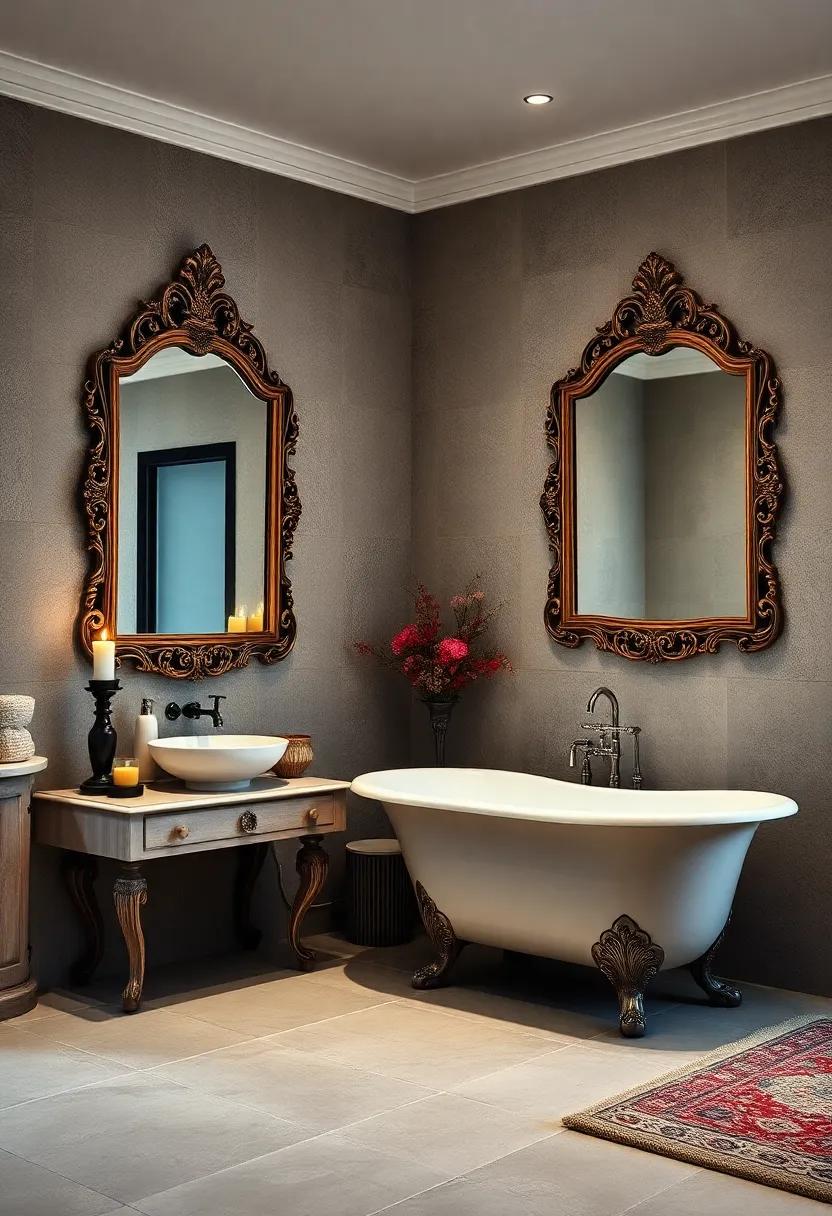 Vintage Mirrors with Ornate Frames Reflecting the Soft Glow of Candlelight Near an Intricately Designed Clawfoot Tub