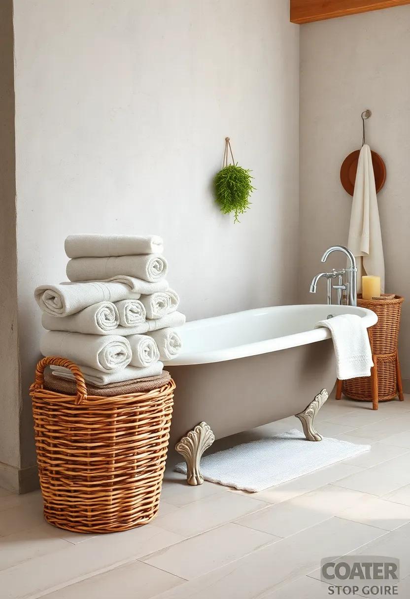 Wicker Baskets Filled with Rolled Linen Towels Stacked Neatly by an Ornate Clawfoot Bathtub
