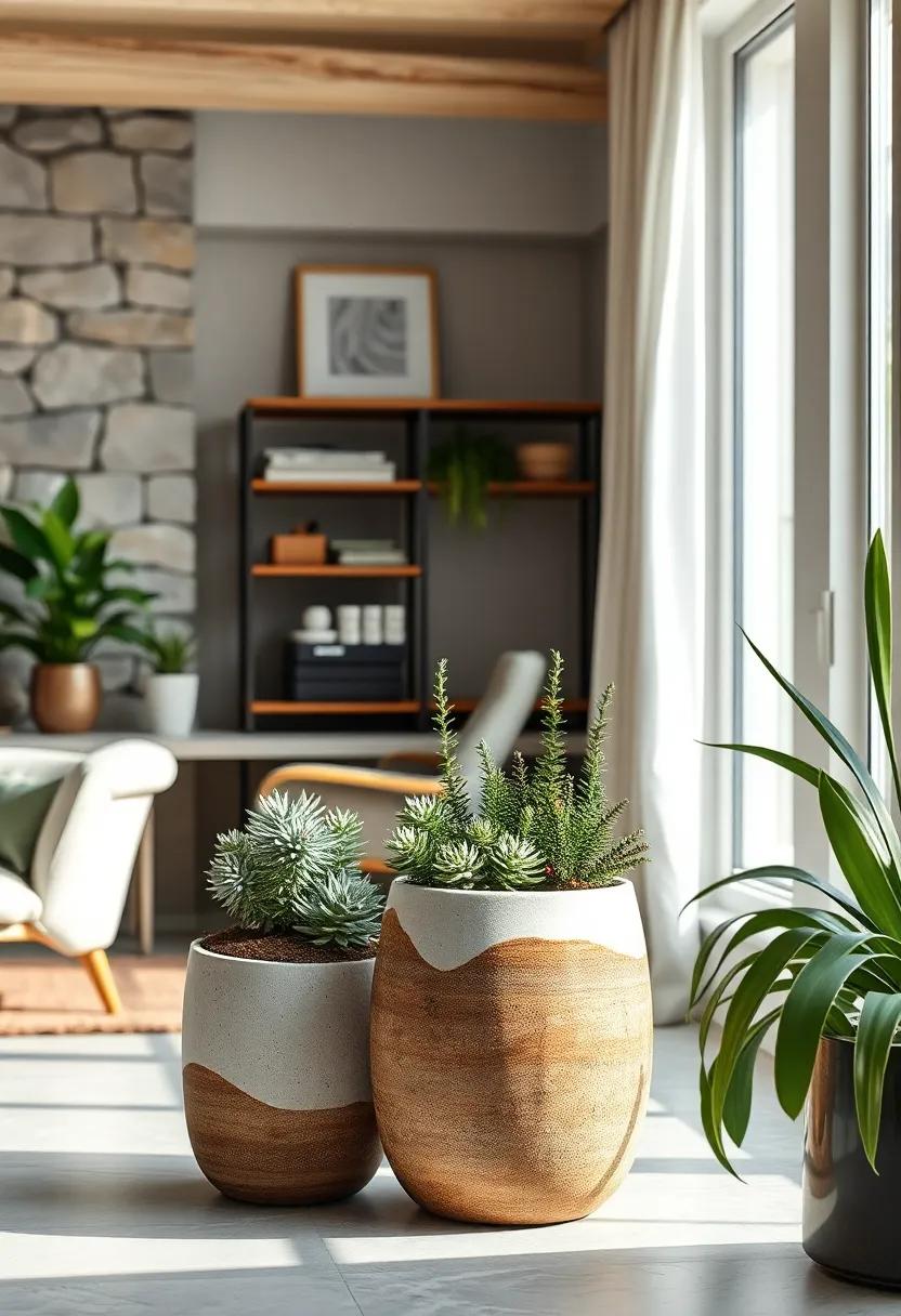 Artisanal Ceramic Planters Brimming with Succulents and Herbs Bringing Life and Texture to the Workspace
