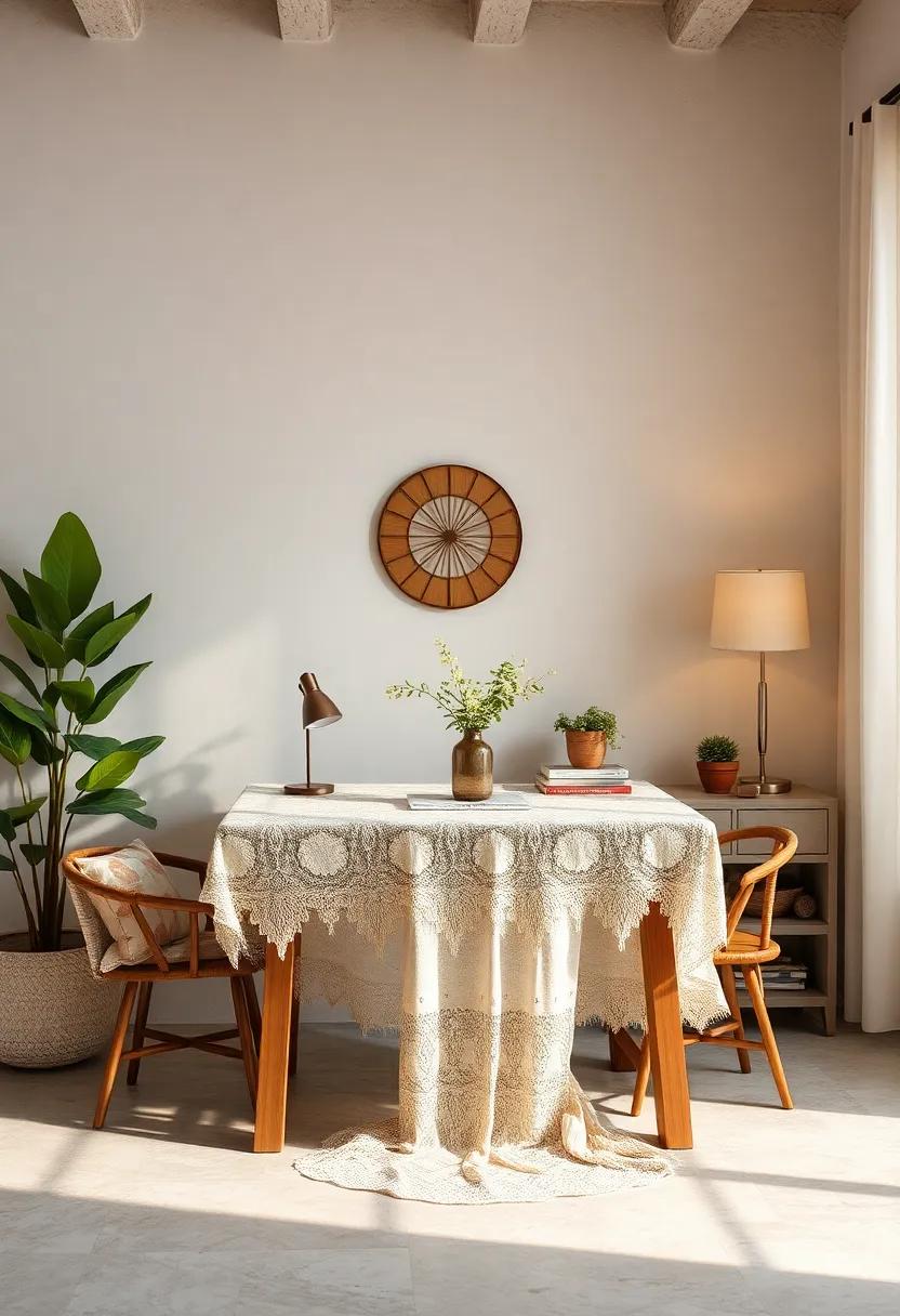 Delicate Lace Tablecloth Layering a Rustic Desk to Add a Touch of Nostalgic Elegance and Comfort