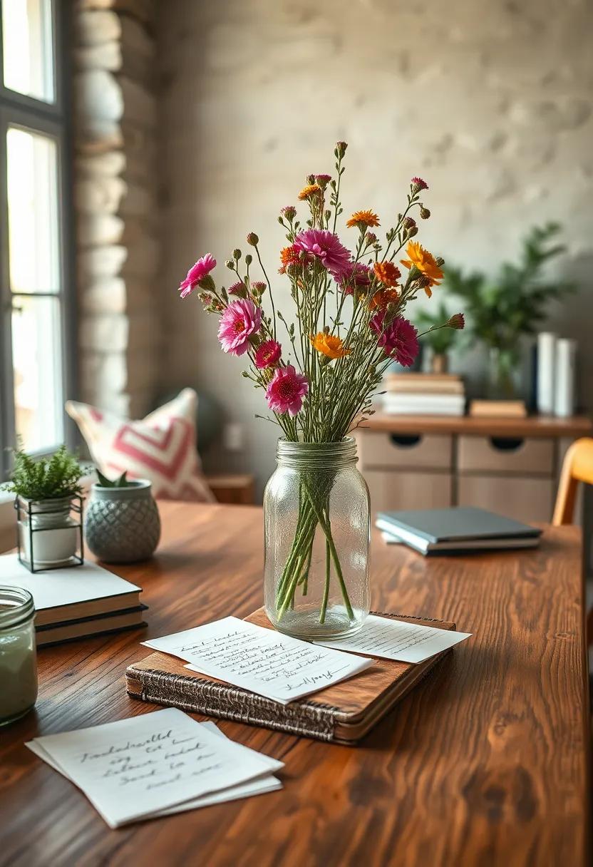 Freshly Picked Wildflowers in a Mason Jar Holding Court on a Rustic Desk Amidst Scattered Handwritten Notes