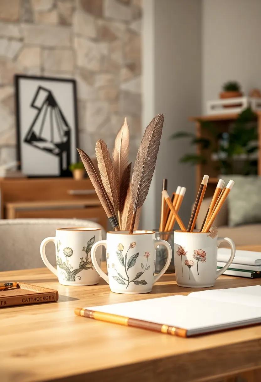 Hand-painted Ceramic Mugs Holding a Variety of Natural Brush Pens and Feathers on a Cottagecore Writing Desk