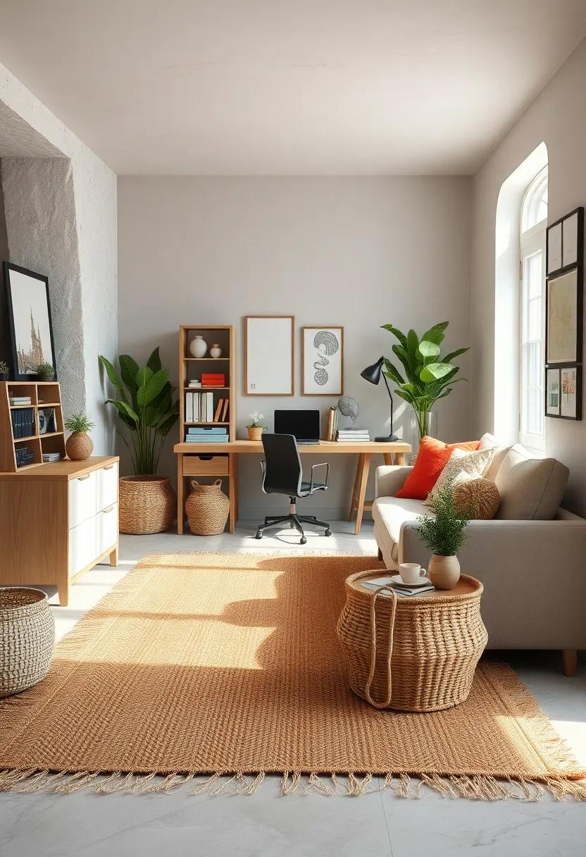A Handwoven Jute Rug and Natural Fiber Baskets Organizing a Cozy Work Zone in Cottagecore Style