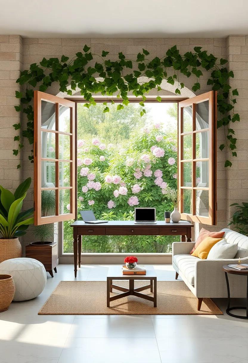 An Open Window Frame with Climbing Vines and a View of Garden Blooms Enhancing a Calm Office Ambiance
