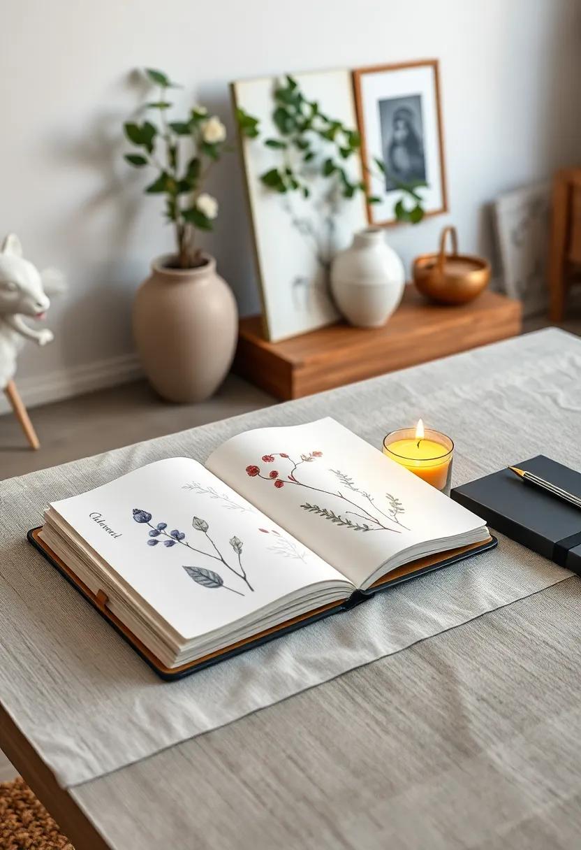 An Open Sketchbook with Botanical Illustrations Laid on a Linen-Covered Desk Beside a Flickering Beeswax Candle