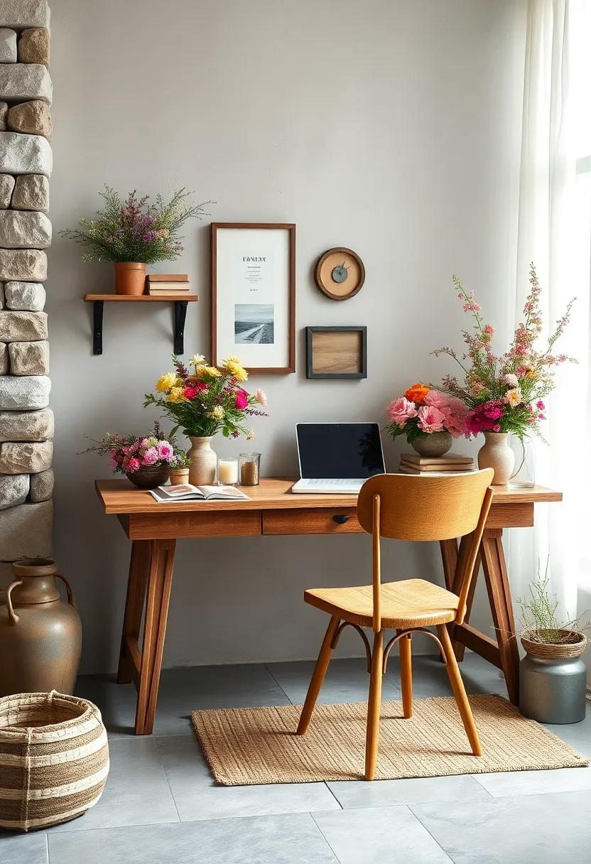 Rustic Wooden Desk Surrounded by Wildflower Bouquets and Antique Trinkets to Inspire Calm Productivity