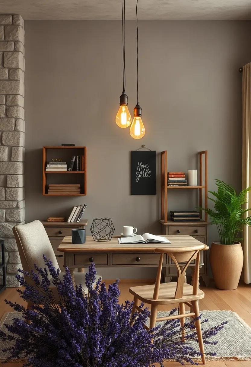 Softly Glowing Edison Bulbs Hanging Above an Antique Writing Desk Surrounded by Dried Lavender