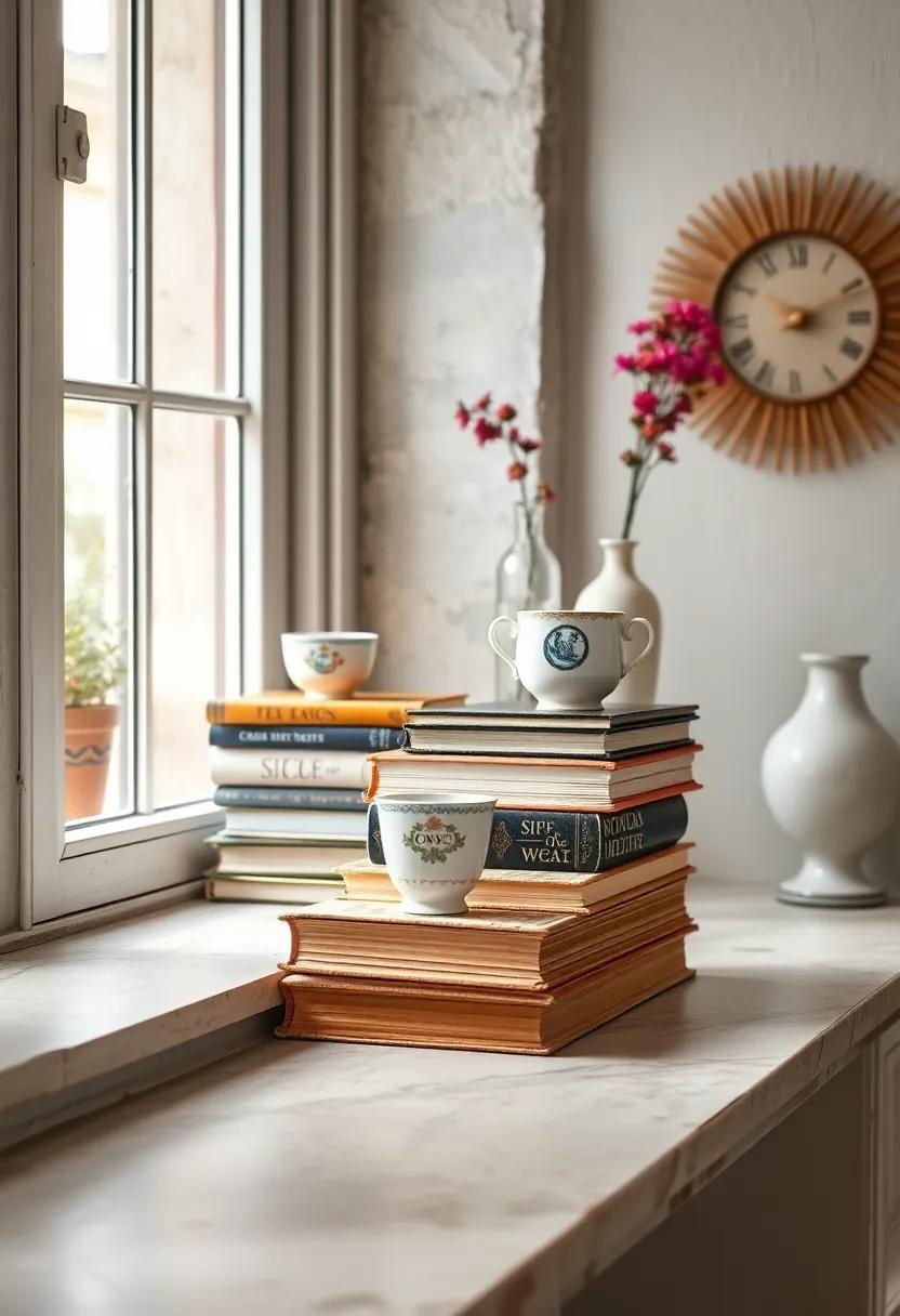 Stacked Vintage Books, Porcelain Teacups, and a Petite Ceramic Vase on a Weathered Window Sill Desk