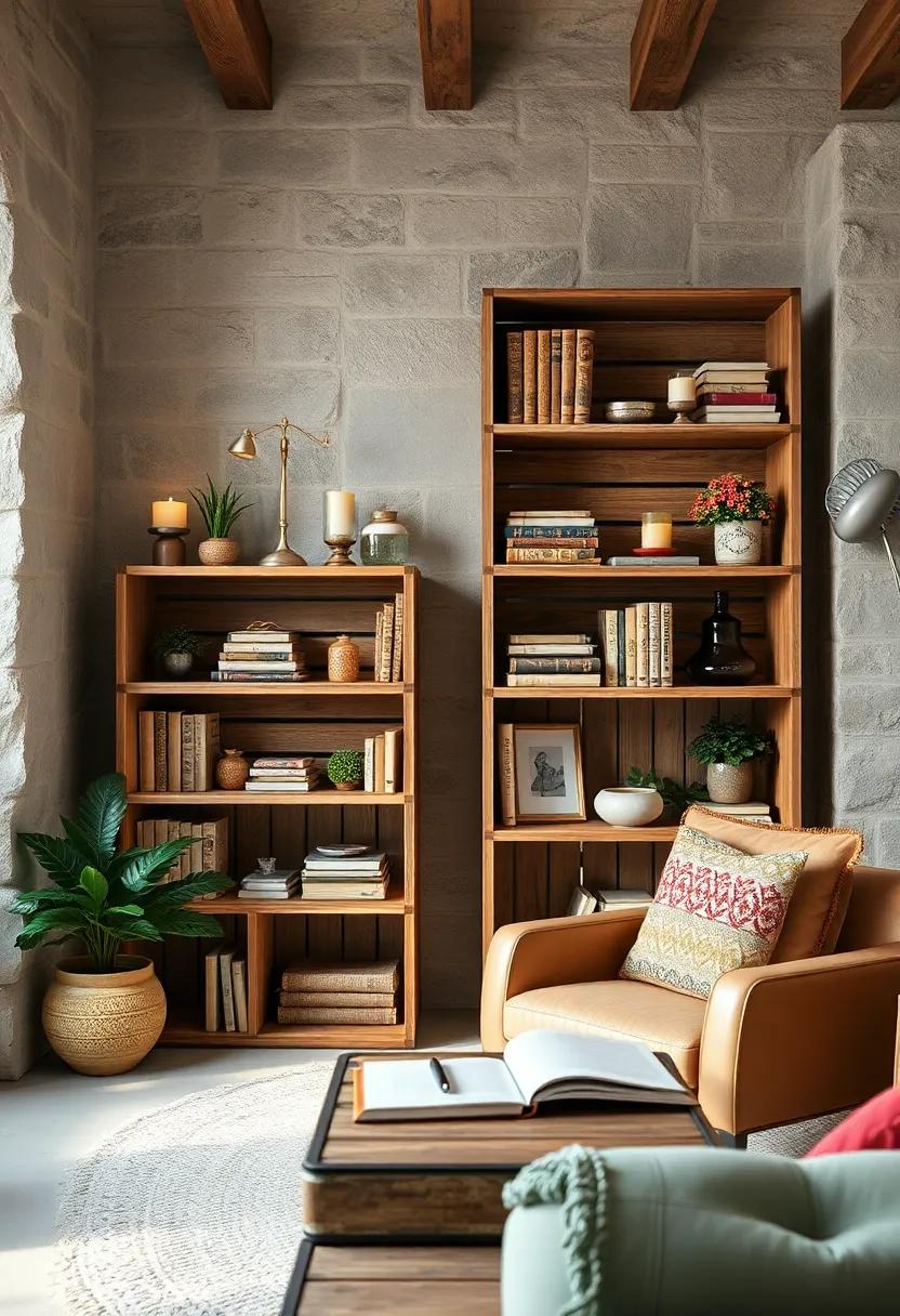 Stacked Wooden Crates Used as Shelves Filled with Handbound Journals, Candles, and Vintage Stationery