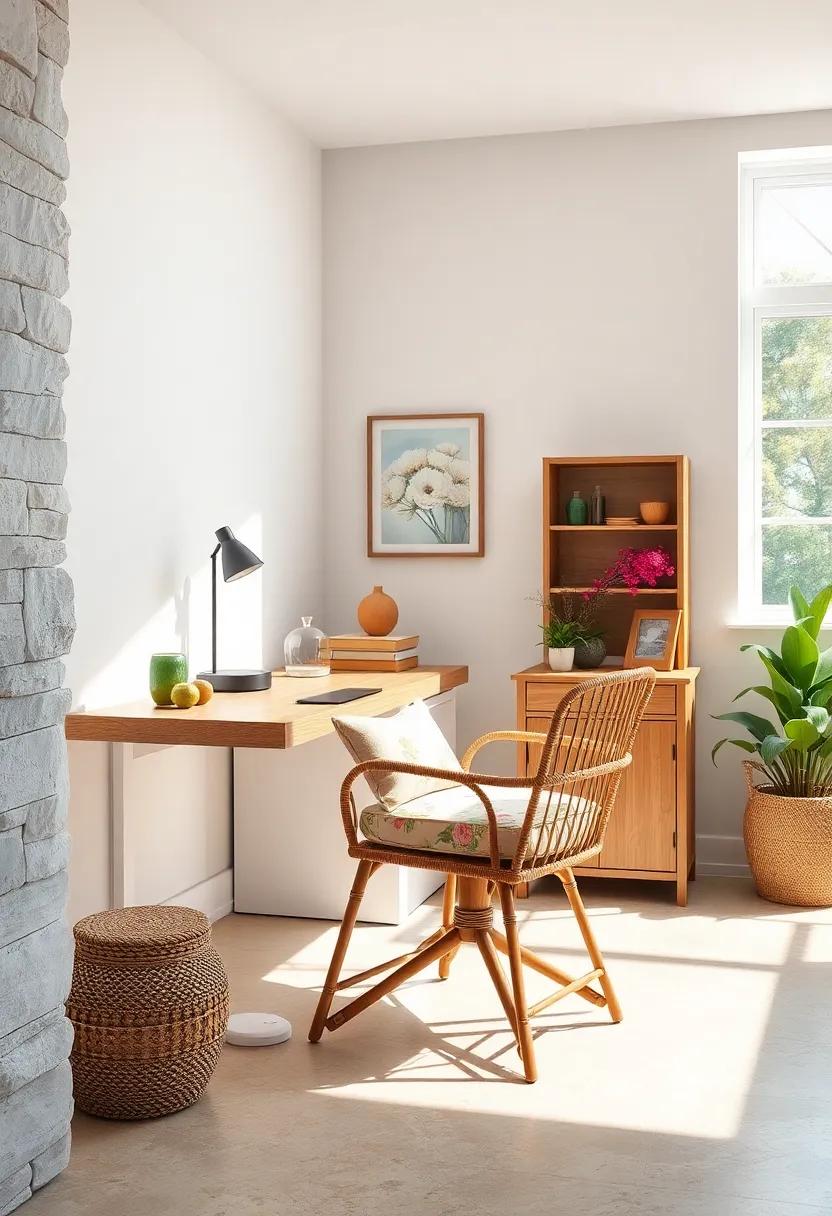 A Wicker Desk Chair with Cushioned Seat and Floral Upholstery Settled Near a Sunbeam for Comfort and Style