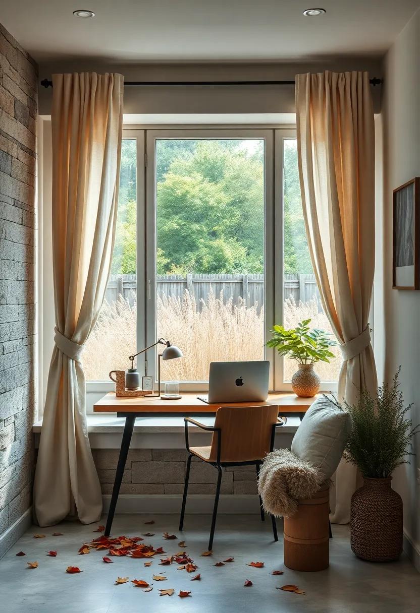 A Window-Seat Workspace Framed by Flowing Curtains Overlooking a Wild Garden and Scattered Autumn Leaves