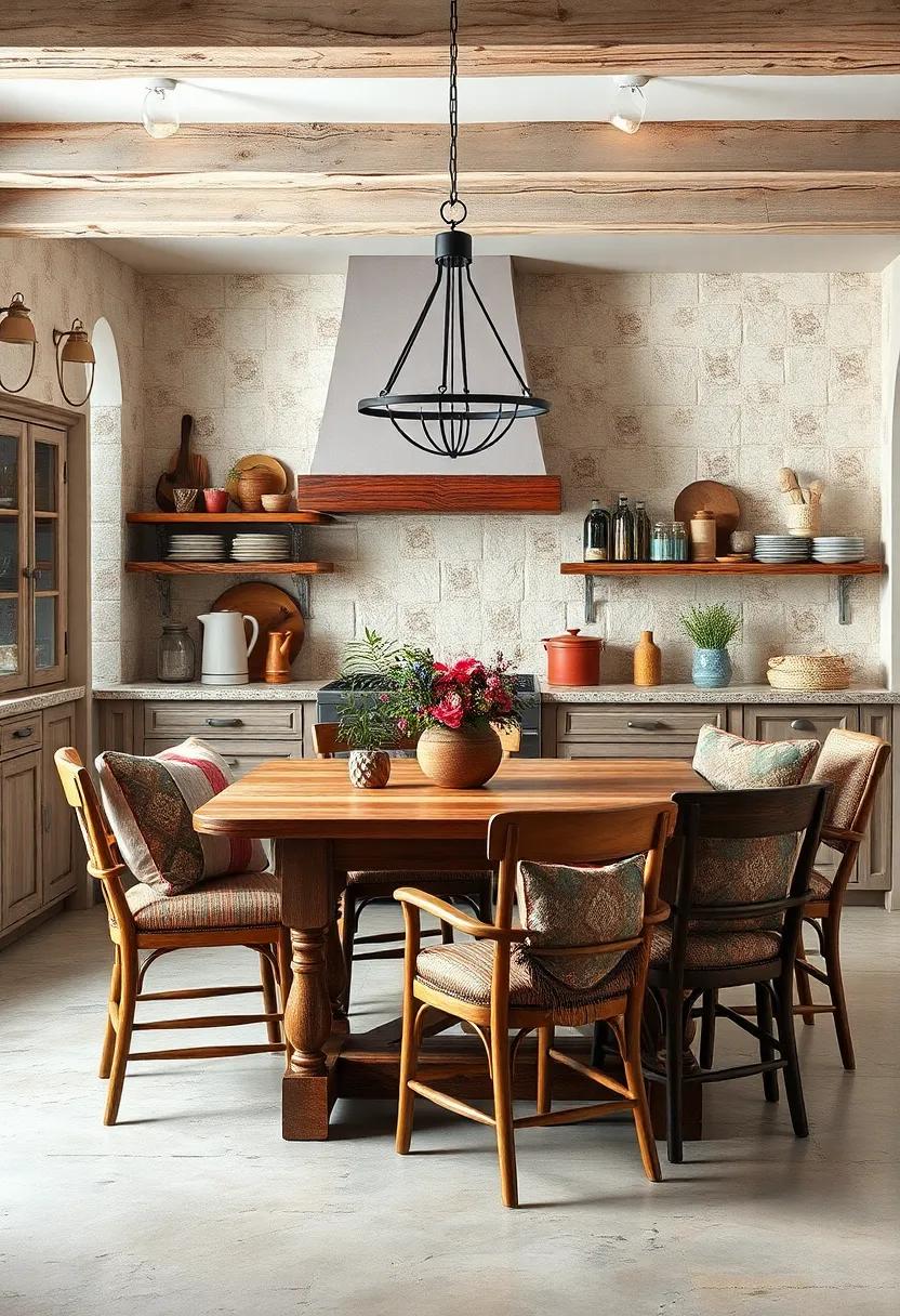 Country Kitchen Warmth Captured Through Distressed Furniture and Patchwork Throw Pillows