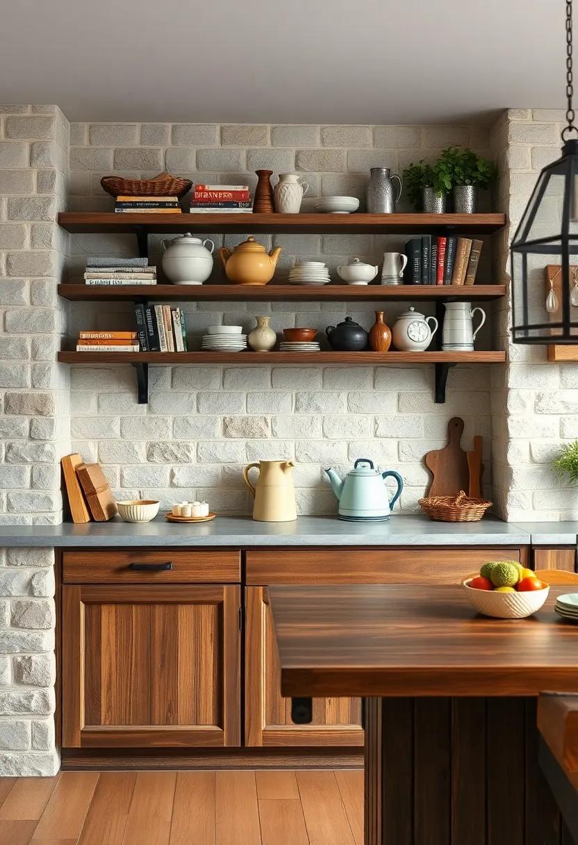 Country Rustic Kitchen Shelves Adorned With Antique Cookbooks and Ceramic Pitchers