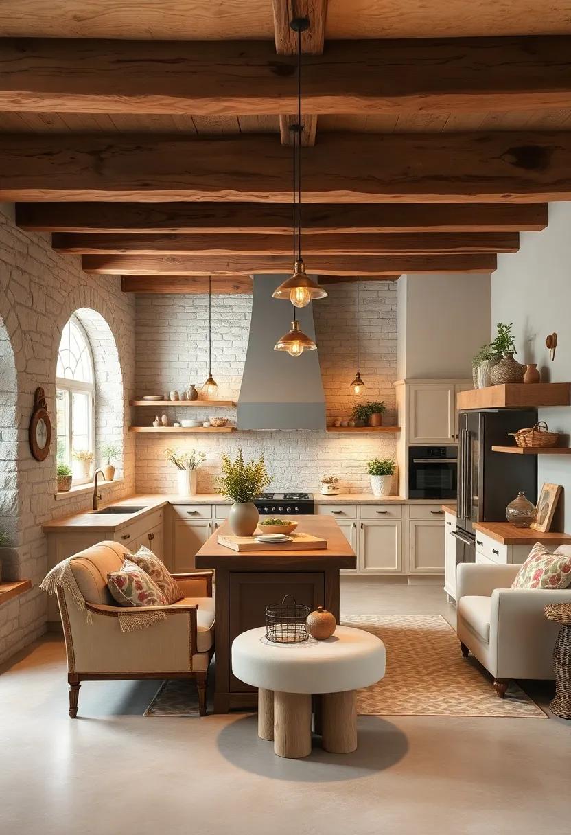 Exposed Wooden Beams and Warm Brass Fixtures Illuminating a Cottage-Style Kitchen Space