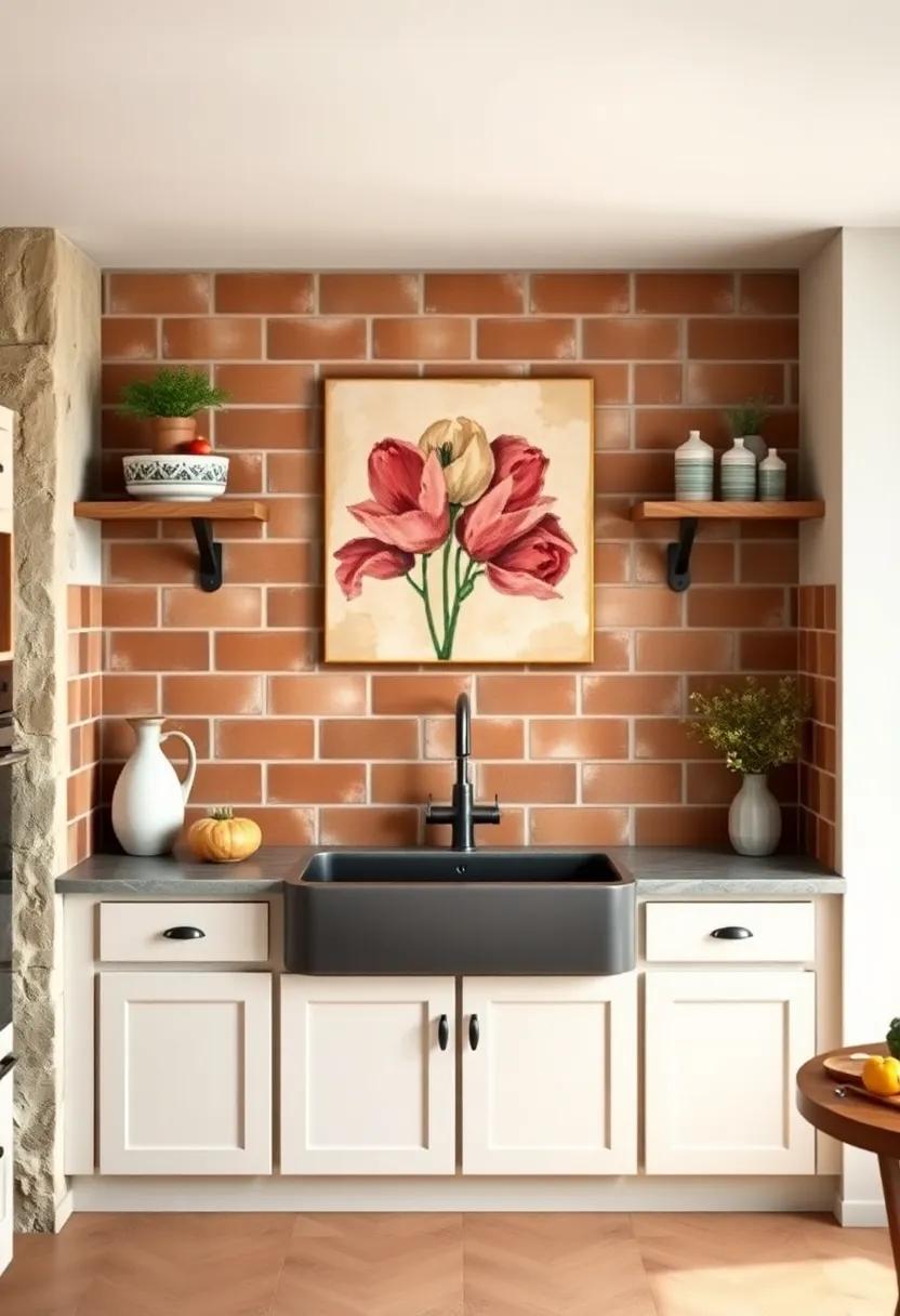 A Farmhouse Sink Surrounded by Warm Terracotta Tiles and Hand-Painted Backsplash Art