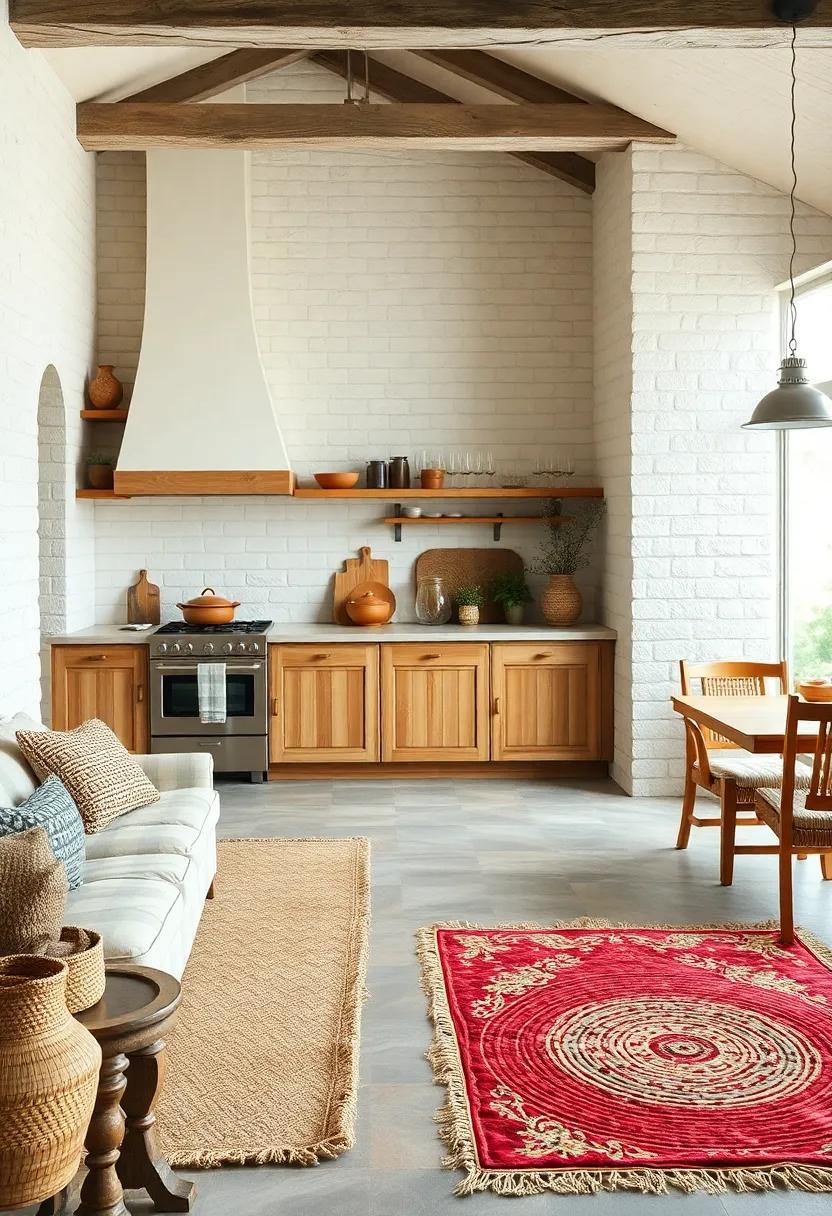 Handcrafted Woven Rugs and Earthy Clay Cookware Enhancing the Comfortable Farmhouse Vibe