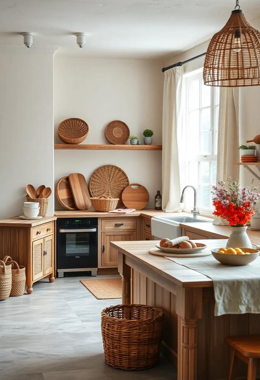 Inviting Country Kitchen Atmosphere Featuring Woven Baskets and Soft Linen Curtains