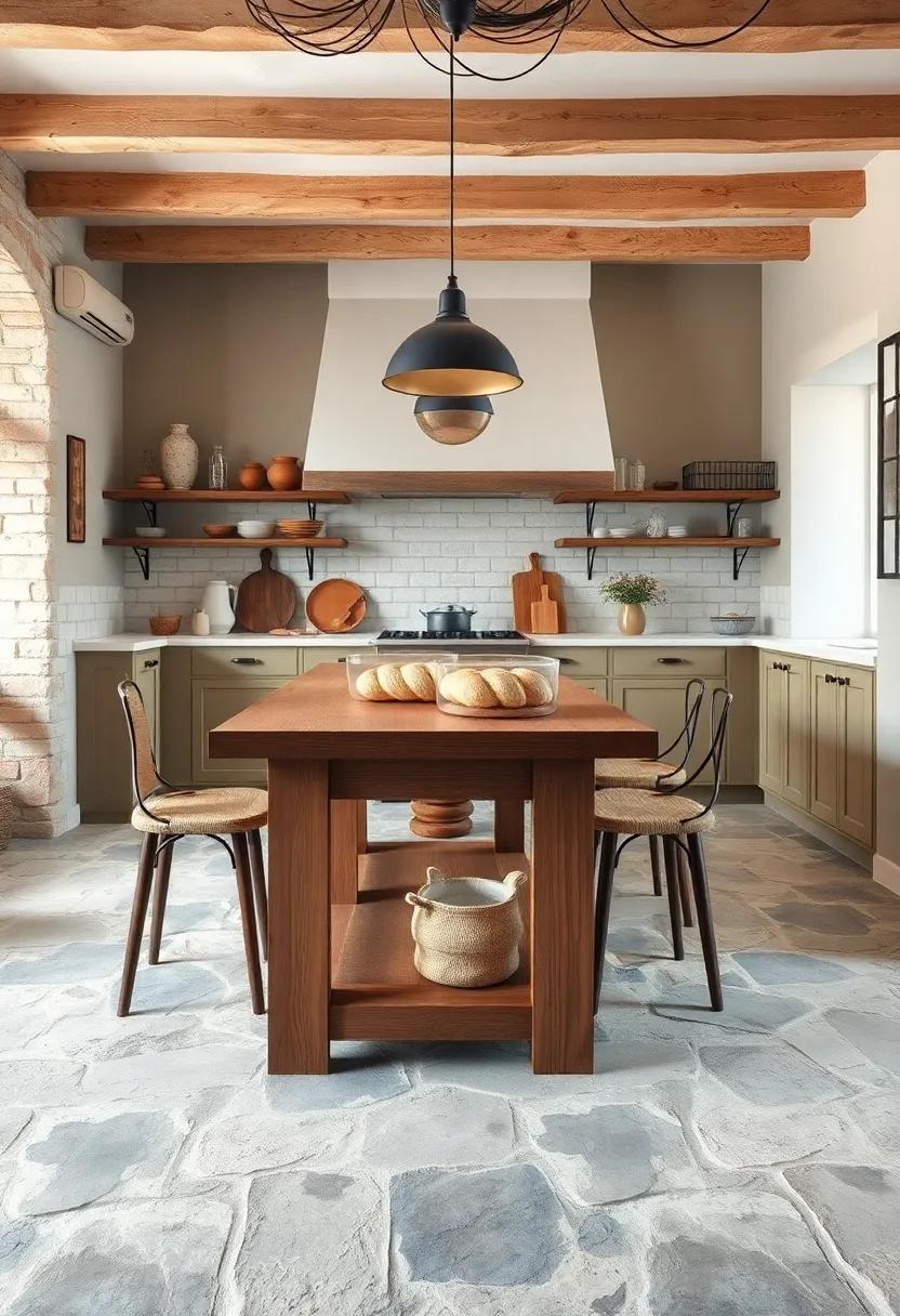 Irregular Stone Flooring Complementing a Large Wooden Bread Kneading Table in Rustic Kitchen