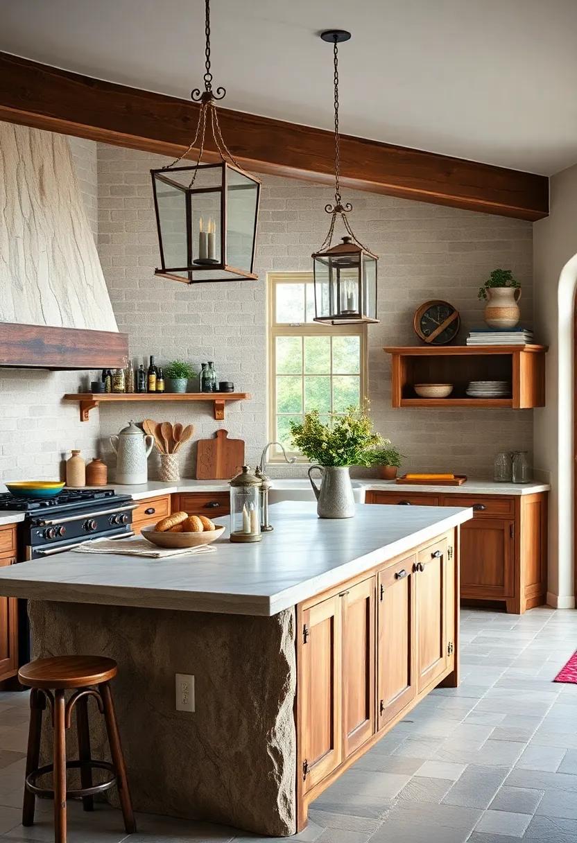 Natural Stone Countertops Paired With a Hand-Hewn Wooden Island and Vintage Lanterns
