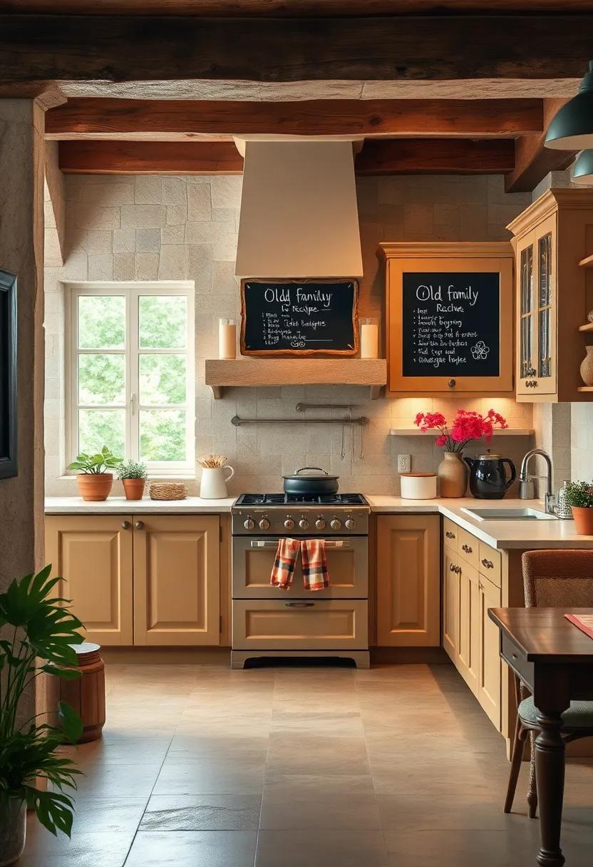 Old Family Recipes Written on Chalkboards Against a Background of Warm Painted Cabinets