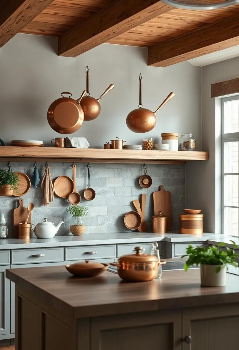 Rustic Charm Embodied in Vintage Copper Pots Hanging Over an Open Wooden Shelf