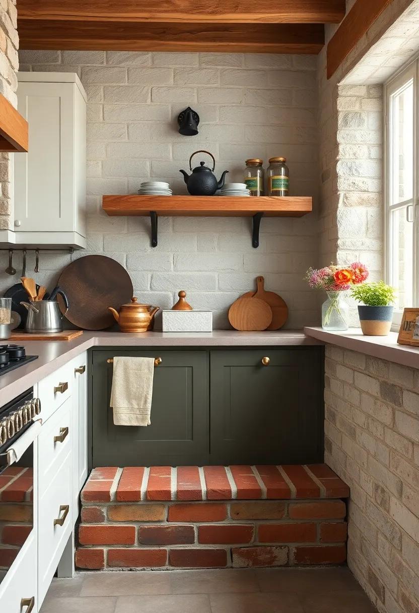A Rustic Country Kitchen Corner Featuring a Cast Iron Kettle Resting on Classic Brick Hearths