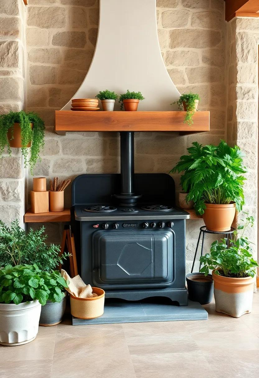 Rustic Kitchen Charm Seen in a Vintage Cast Iron Stove Surrounded by Potted Herbs
