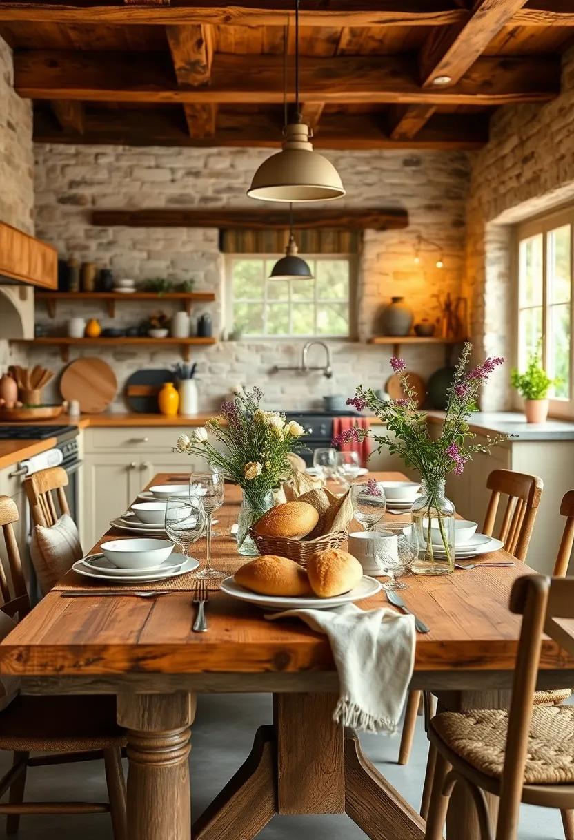 A Rustic Kitchen Table Set for Family Gatherings With Freshly Baked Bread and Wildflowers