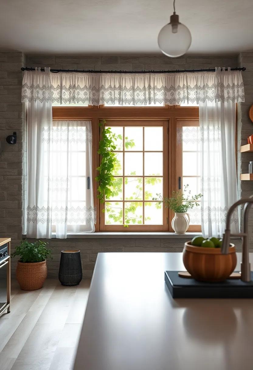 Rustic Window Panes Framed by Delicate Lace Curtains and Ivy Peeking Through Outside