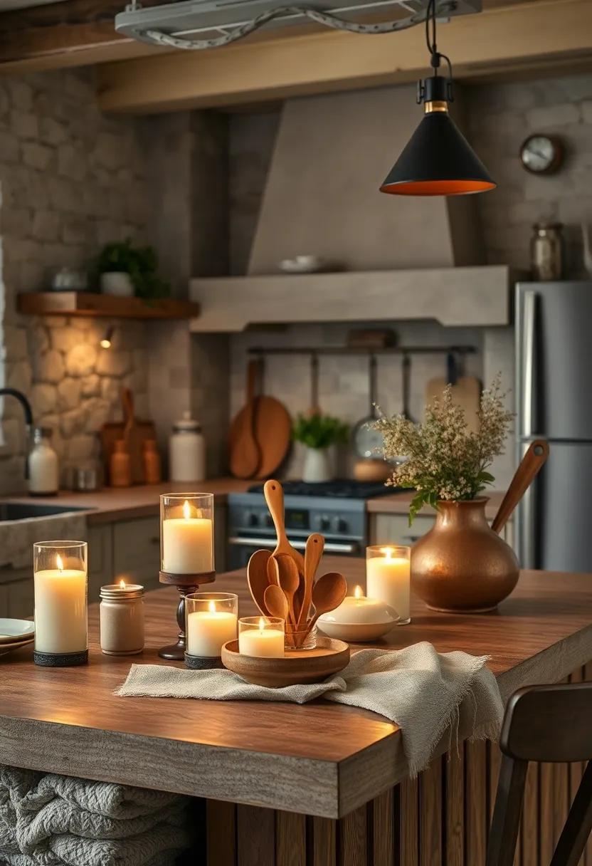 Soft Glowing Candles and Weathered Wooden Utensils Lending Warmth to a Country Kitchen Scene