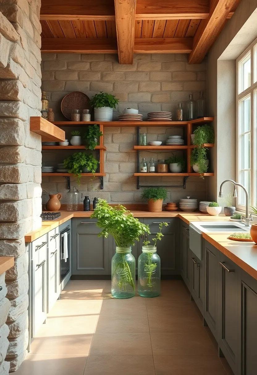 A Tasteful Blend of Antique Mason Jars and Fresh Herbs in a Sunlit Rustic Pantry