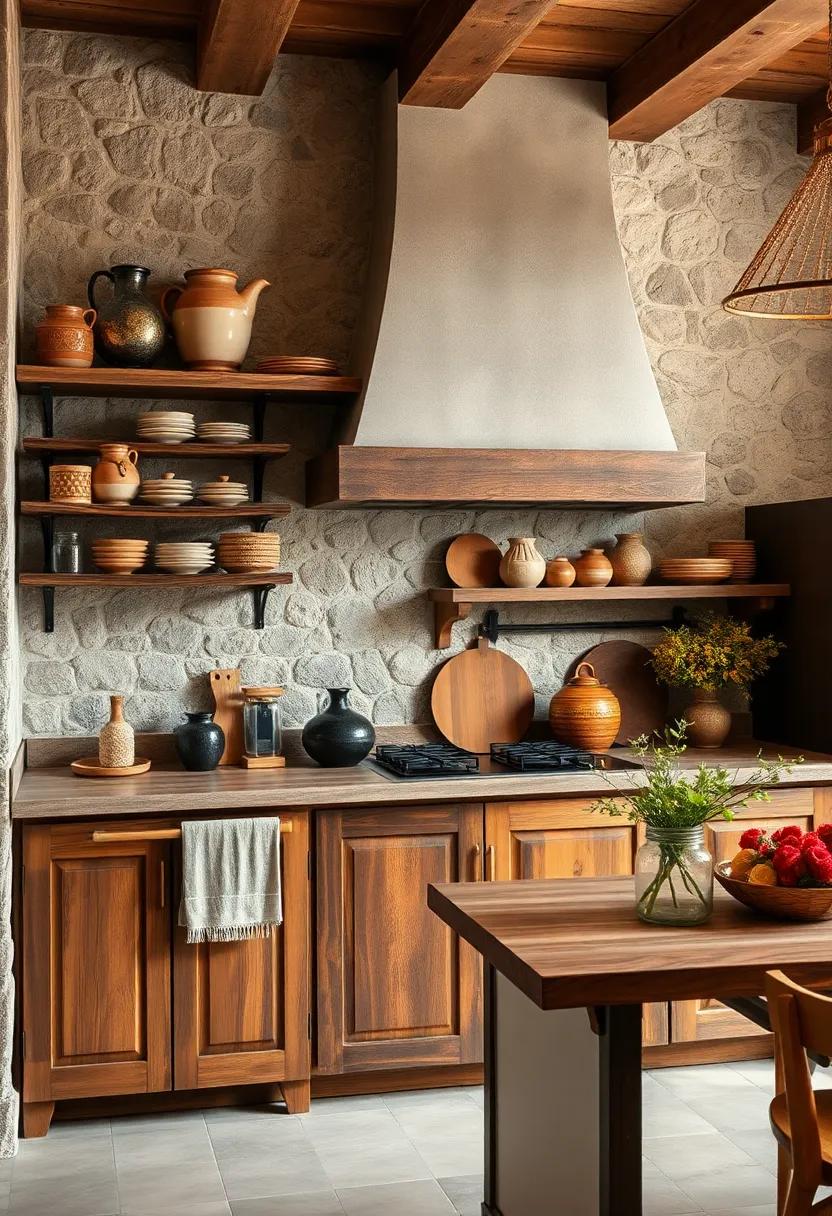 Warm Earth Tones Reflected in Handmade Pottery Gracing Open Rustic Shelves