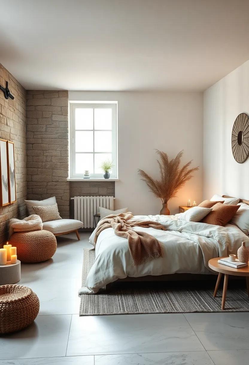 Textural Contrast Between Smooth Whites and Natural Wool Enhancing the Cozy Atmosphere