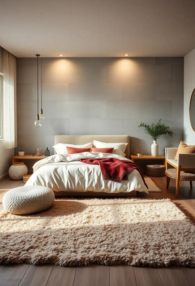 Plush Rugs in Neutral Shades Adding Texture and Warmth to a Calm Bedroom Setting