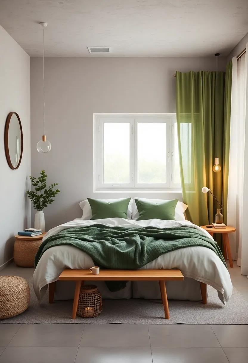 Muted Green Accents from Pillows and Curtains Infusing the Bedroom with Calming Energy