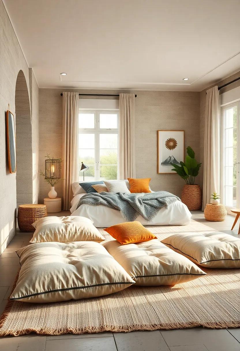 Neutral Toned Floor Cushions Providing Casual Seating and Enhancing the Relaxed Vibe