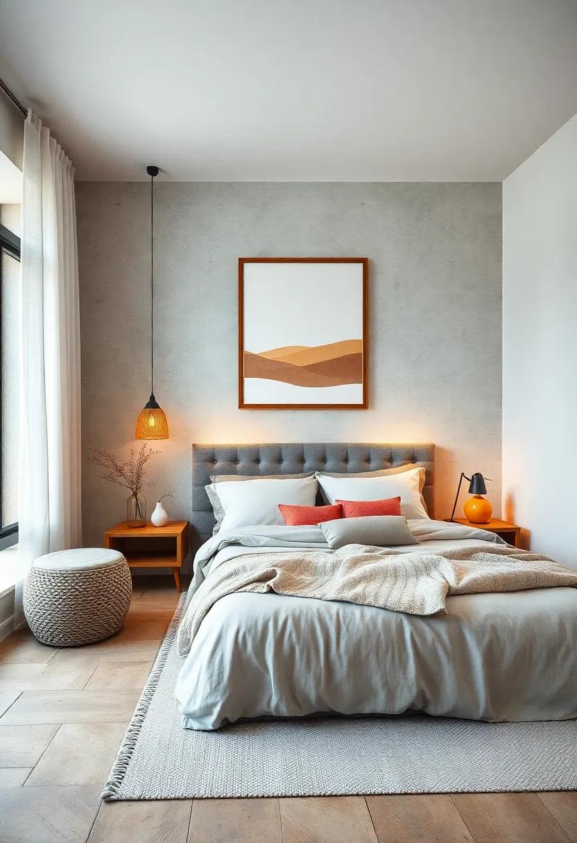 Simple Scandinavian Artwork with Soft Lines and Earthy Hues Complementing the Bedroom Space
