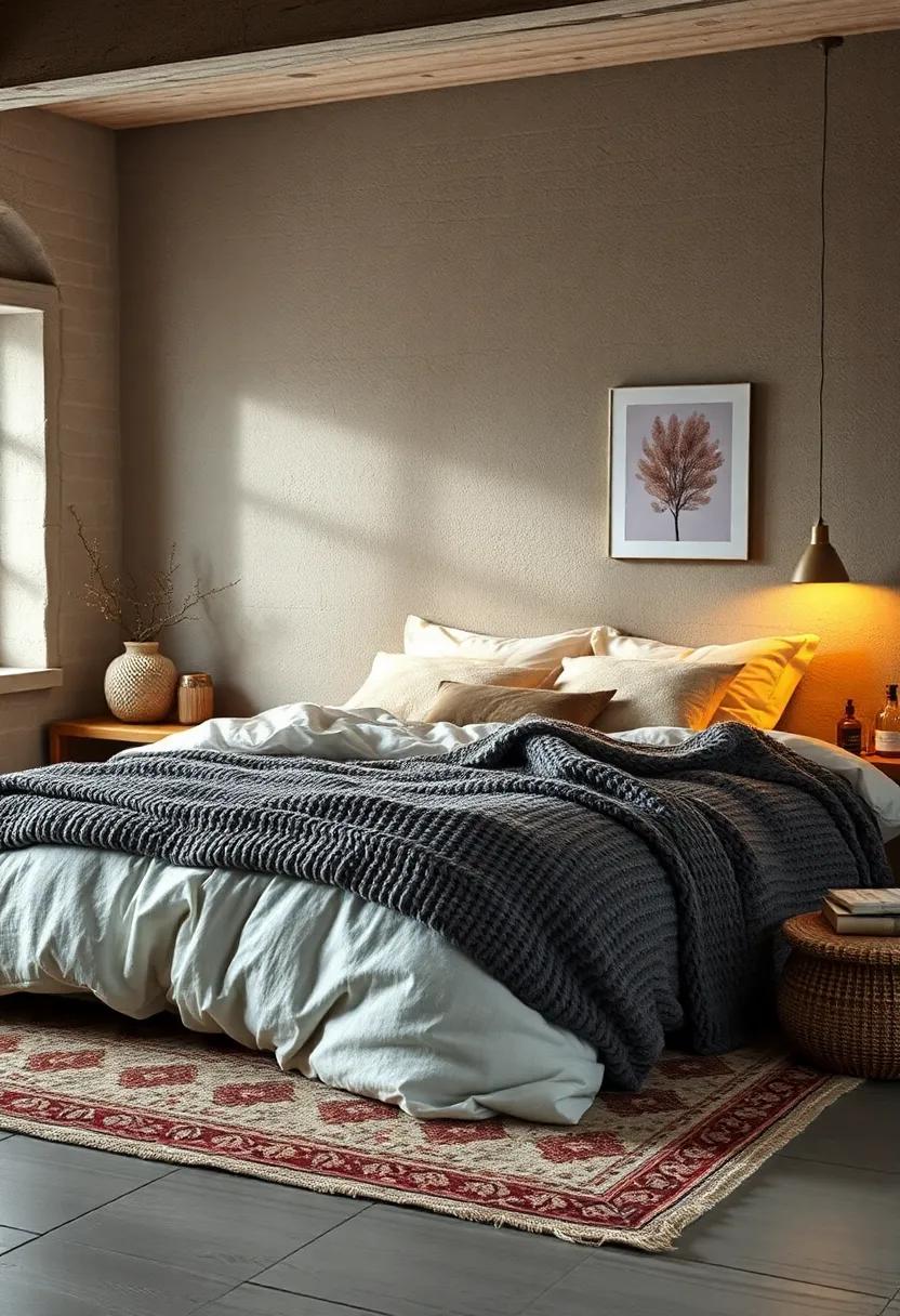 Layered Bedding with Chunky Knits and Fluffy Pillows Inviting Relaxation and Comfort