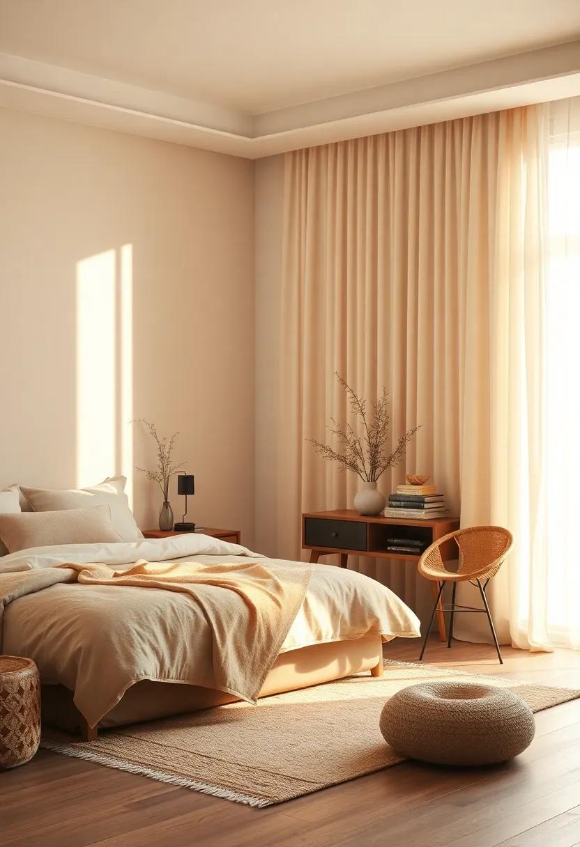 Sunlight Filtering Through Sheer Curtains Gently Illuminating a Serene Bedroom Space