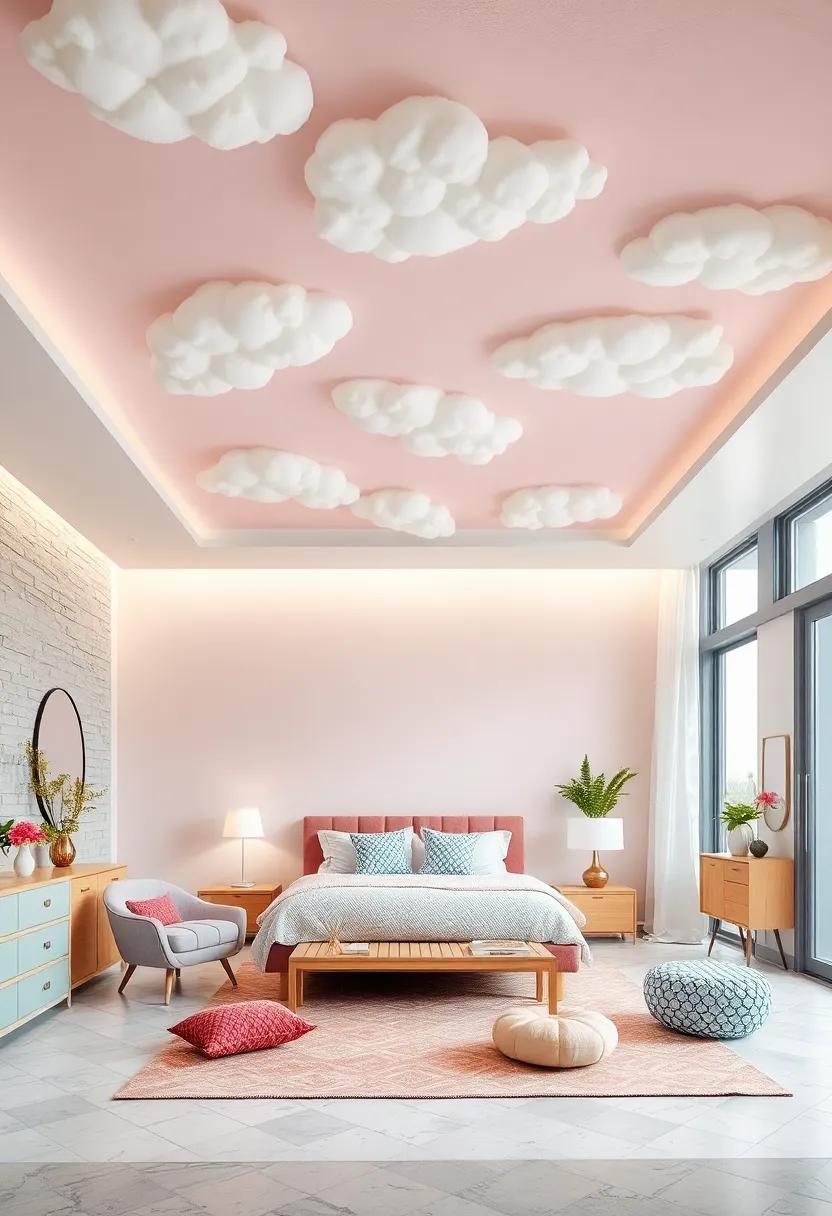 Whimsical Cloud Patterns Floating Gracefully Across Soft Pastel Ceilings in Dreamy Kids' Bedrooms