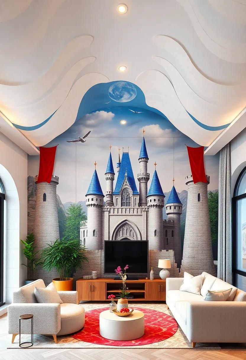 Magical Castle Turrets and Floating Banners On Top of Richly Painted Murals for Royal Play Areas