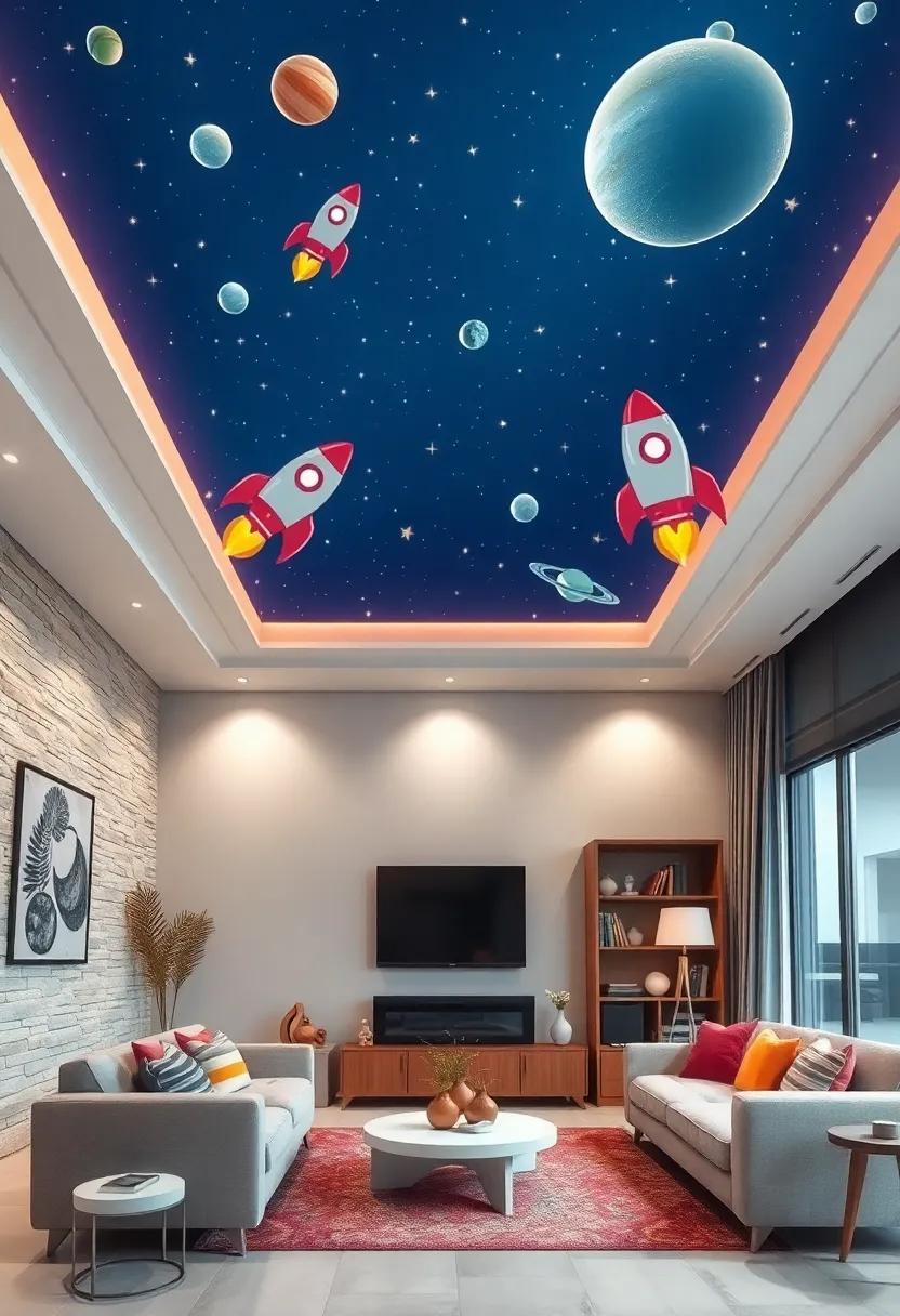 Bright Cartoon Rocket Ships Blasting Off Into a Star-studded Deep Blue Sky Filled With Planets