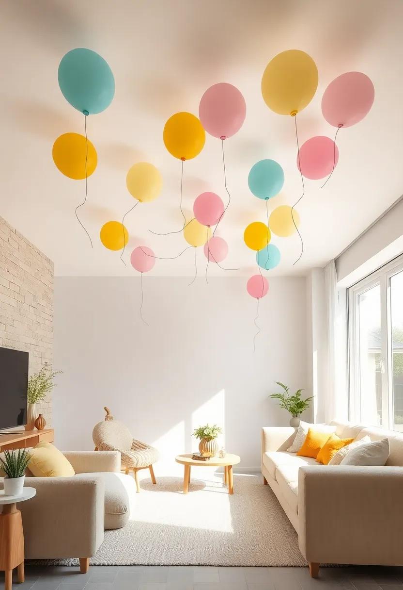 Soft Pastel Balloons and Streamers Floating Like a Festival Celebration Painted Along the Ceiling