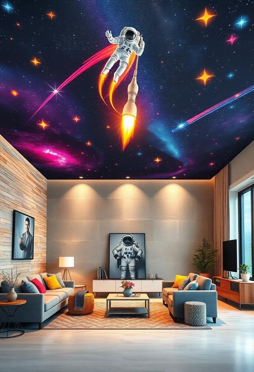 Mysterious Outer Space Scenes with Astronauts Floating Among Vibrant Stars and Rocket Trails