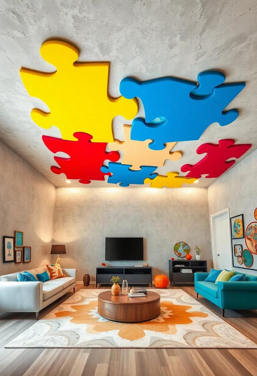 Giant Puzzle Pieces Interlocking Vibrantly to Create an Interactive Ceiling Mural for Curious Minds
