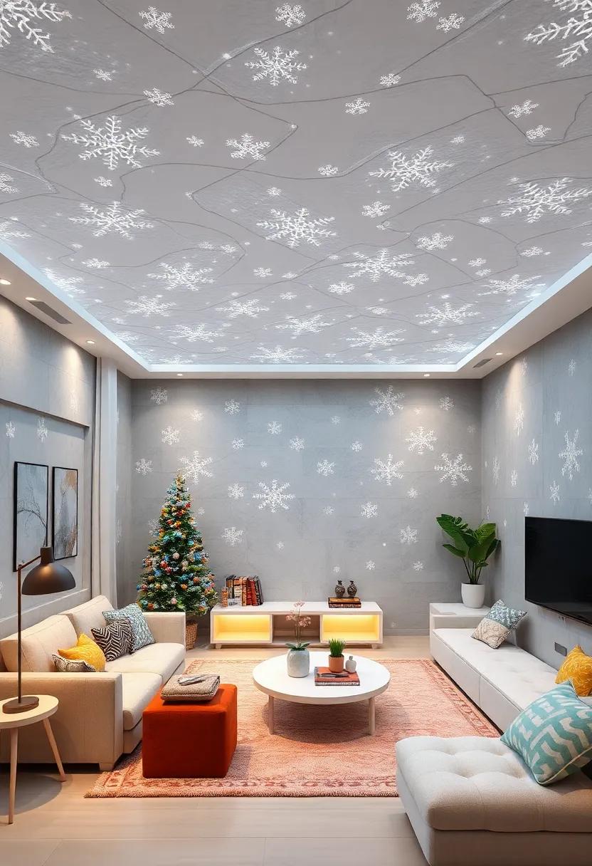 Glistening Snowflakes and Frosty Patterns Covering Ceilings to Create a Cozy Winter Wonderland